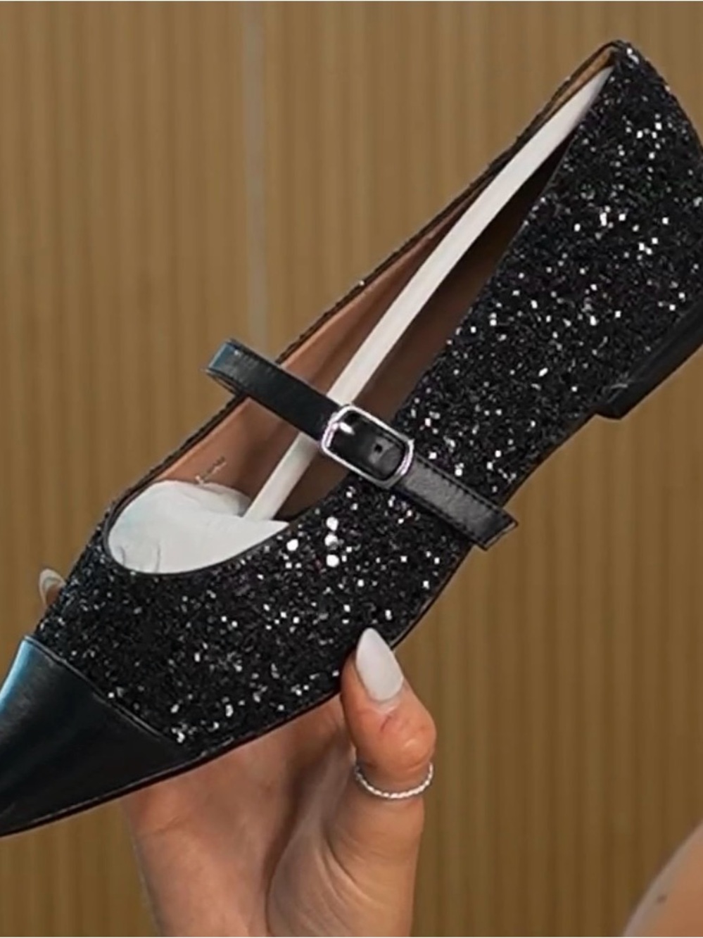 Linea Paolo Niara Leather Women's Black Glitter Mary Jane Flats